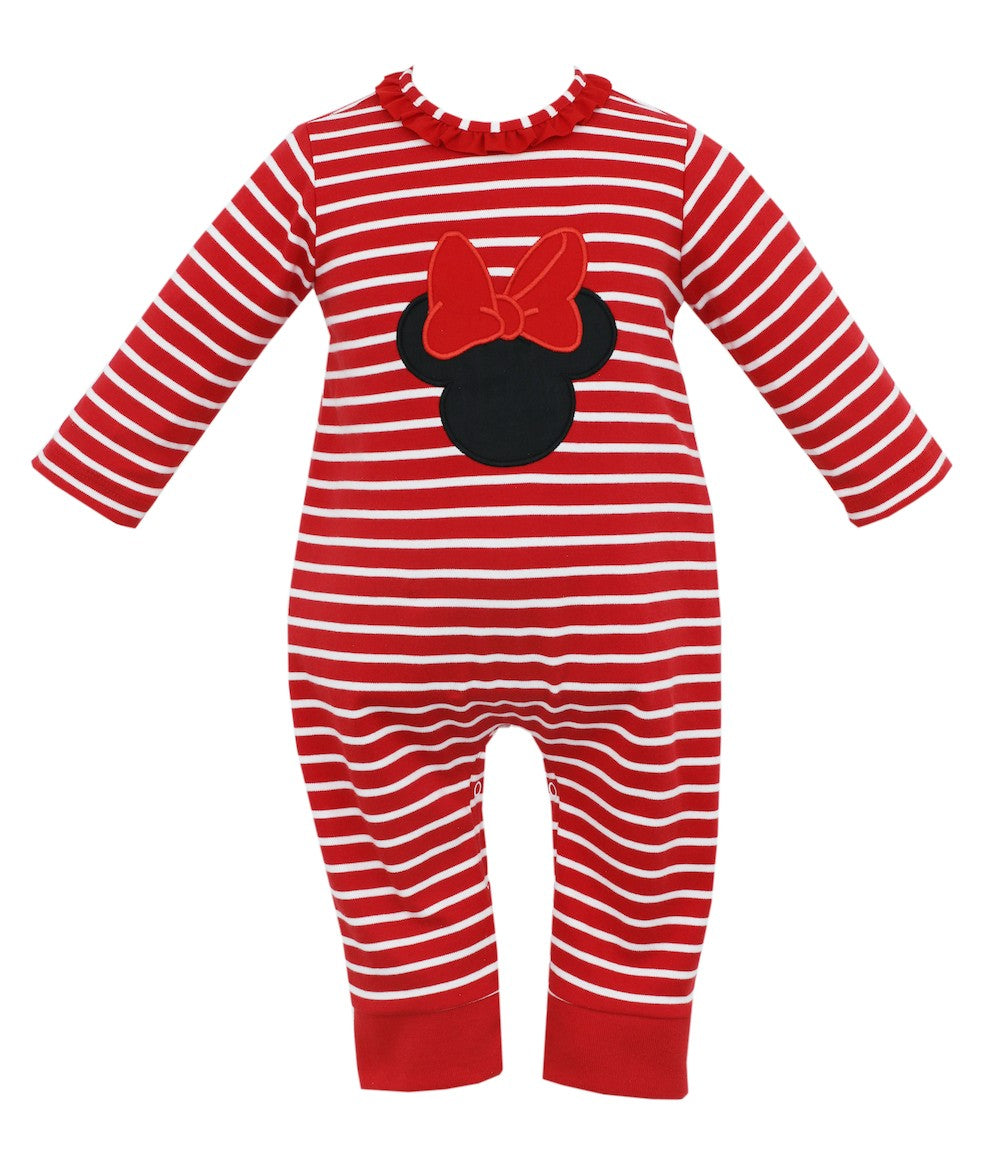 Claire & Charlie Baby Girls Red Striped Romper - Long Sleeves - Minnie Mouse