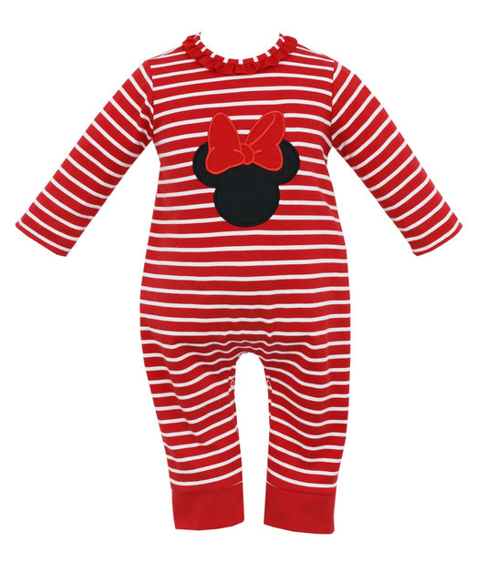 Claire & Charlie Baby Girls Red Striped Romper - Long Sleeves - Minnie Mouse