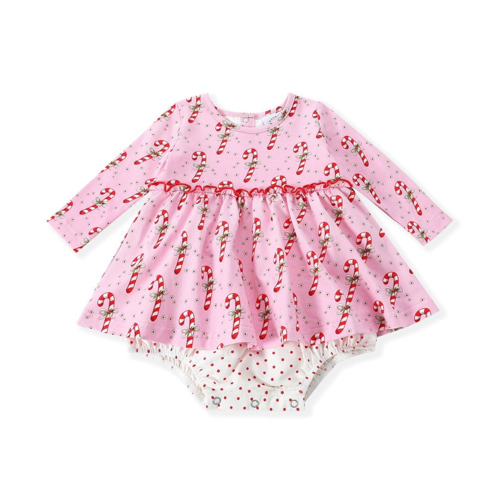 Swoon Baby Girls Bubble Dress - Pink Candy Canes Print