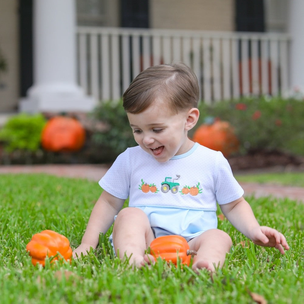 Trotter Street Kids Baby Boys Bubble - Blue Pumpkin Tractor Embroidery