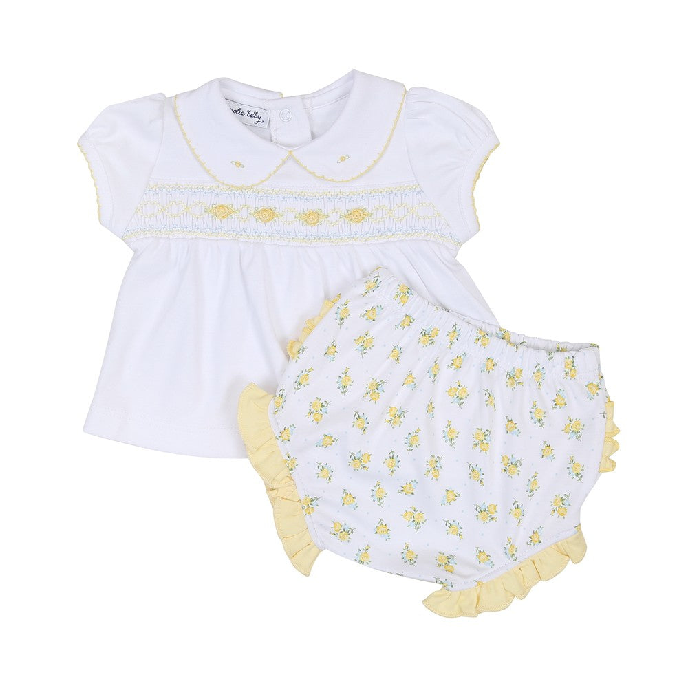 Magnolia Baby Girls Yellow Faith's Classics Smocked Ruffle Bloomers Set