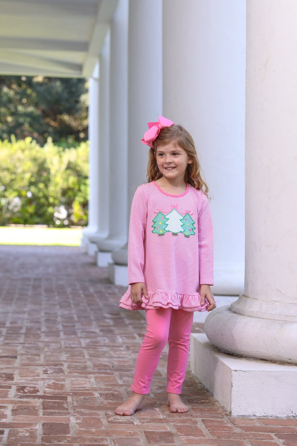 Trotter Street Kids Girls Pink Christmas Tree Ruffle Top with Leggings
