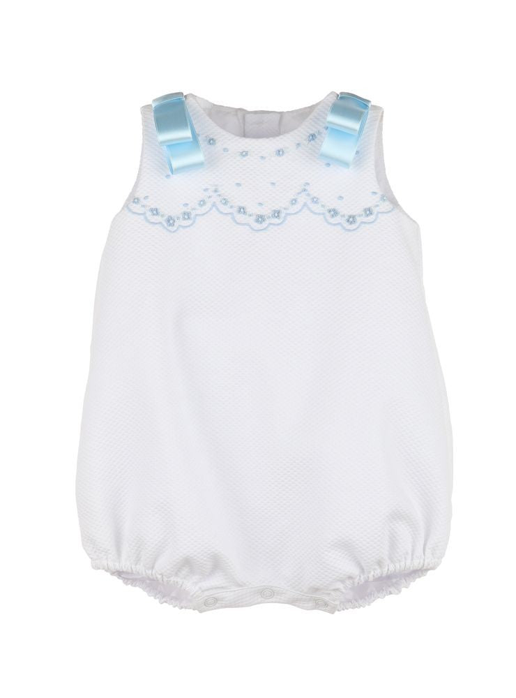 Luli & Me Baby Girls Timeless Treasures Bubble - White Pique with Blue Embroidery & Bows at Shoulders