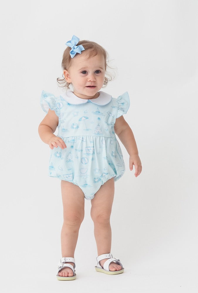 Cypress Row Baby Girls Blue Bubble - Seacrest Blue Beach Toile - Flutter Sleeves