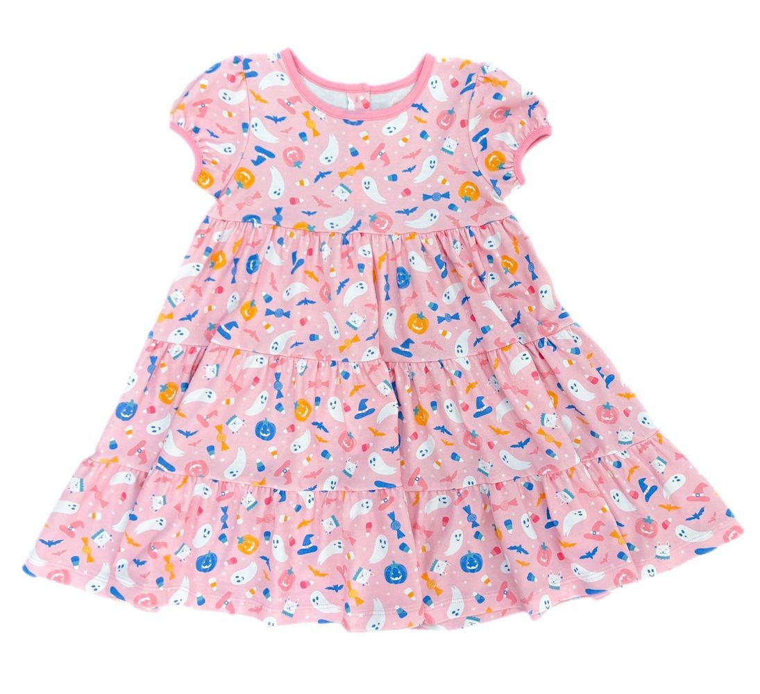 James & Lottie Girls Tally Knit Twirl Dress - Pink Halloween Treats No Tricks