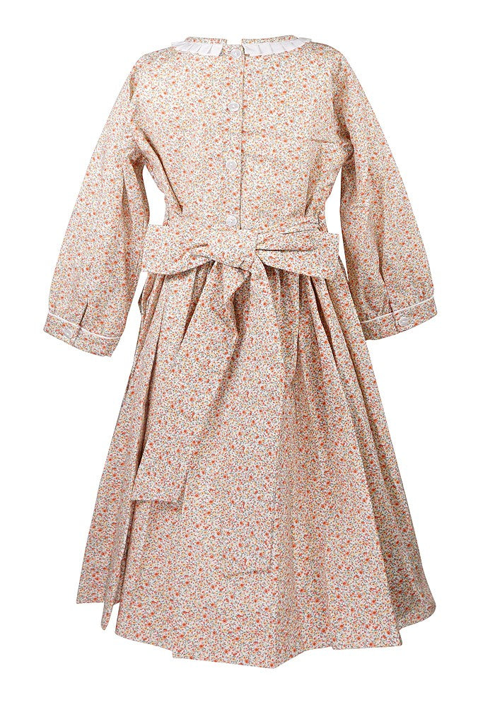 Anavini Couture Girls Orange Fall Floral Dress - Fully Smocked Bodice - Long Sleeves