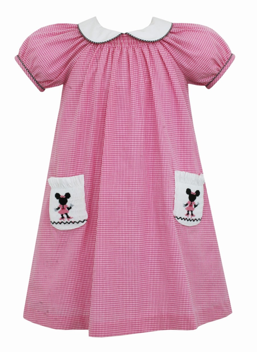 Anavini Girls Pink Check Dress with Smocked Minnie Mouse Pockets