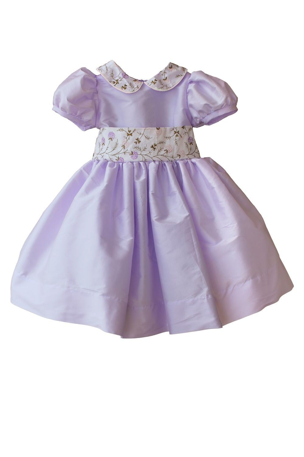 Susanne Lively Girls Puff Sleeve Dress with Embroidery Collar & Sash - Lilac Lavender
