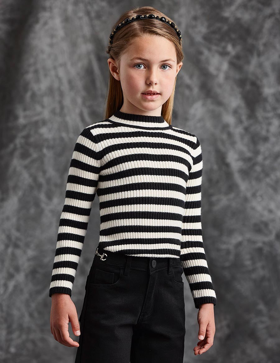 Abel & Lula Girls Black & White Knit Striped Turtleneck Top