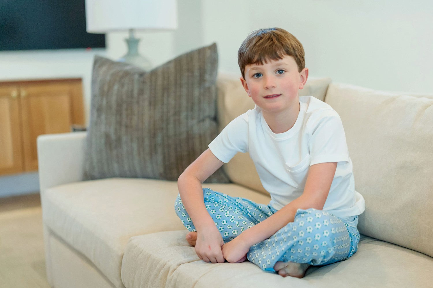 Lila & Hayes Boys Beckett Hang Out Pants - Blue Soccer Balls