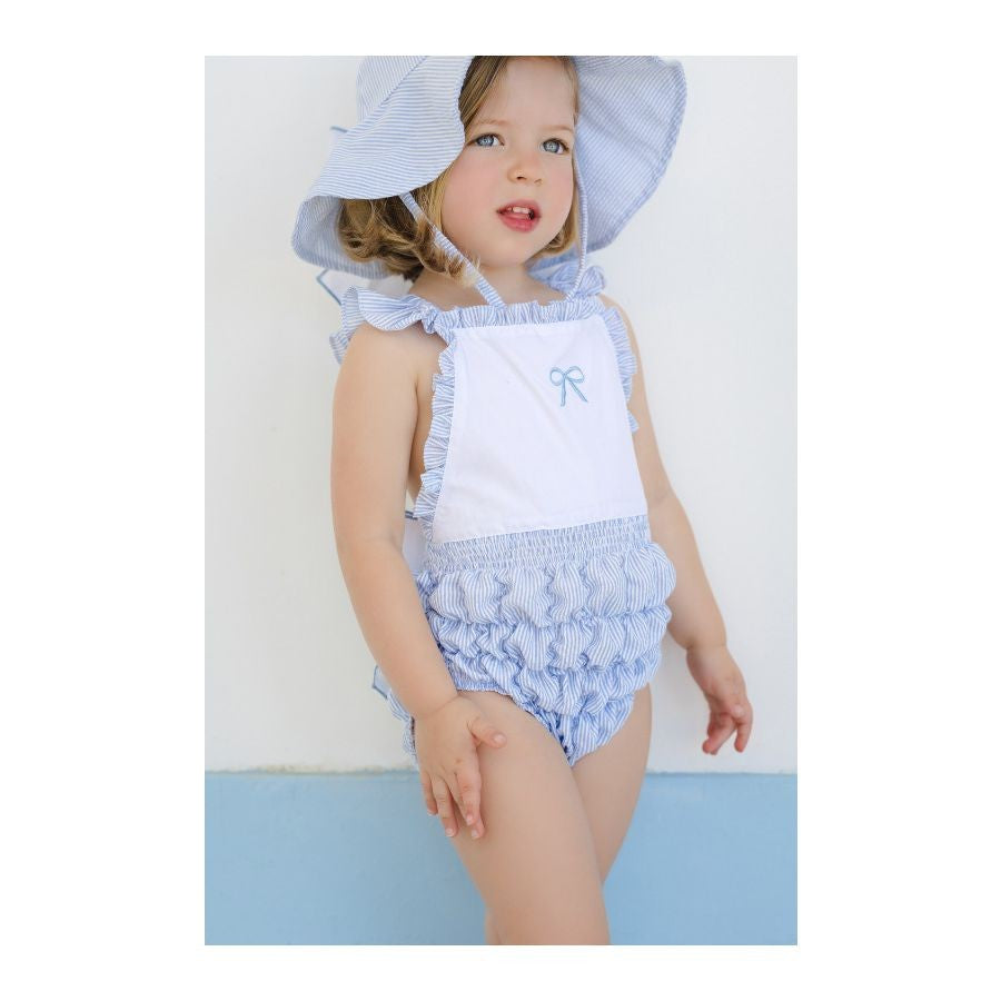 Sal & Pimenta Girls Seersucker Frilled Swimsuit - Embroidered Bow & Bow on Back - Blue