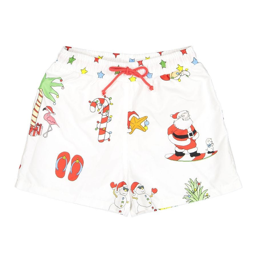 Sal & Pimenta Boys Swim Trunks - Santa on Christmas Holiday - White