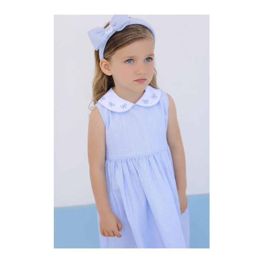 Sal & Pimenta Girls Blue Seersucker Sleeveless Dress - Embroidered Bows on Collar