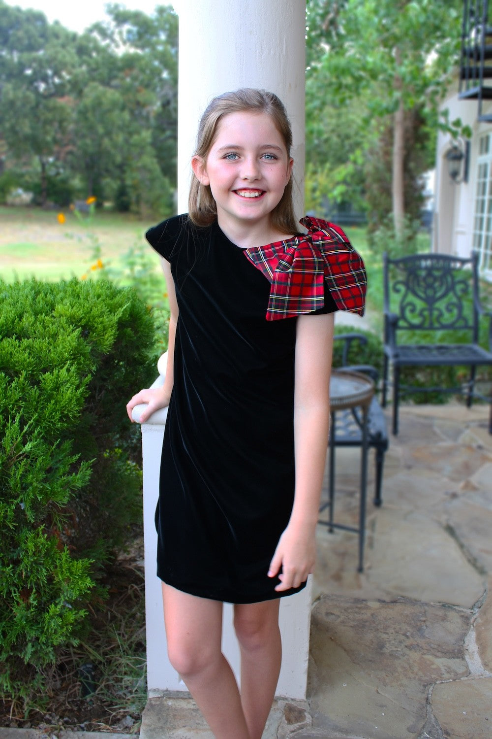 Susanne Lively Girls Black Velvet A-Line Dress - Holiday Plaid Bow on Shoulder