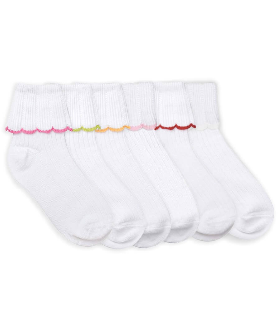 Jefferies Socks Girls Organic Cotton Scalloped Turn Cuff Socks - Orange Trim