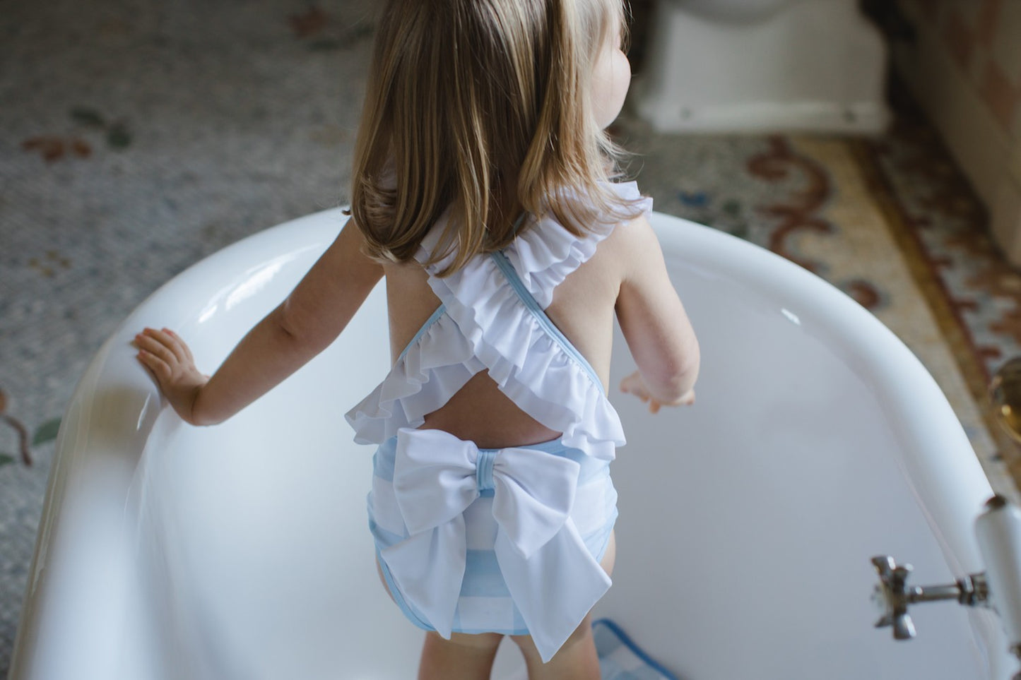 Sal & Pimenta Girls Criss Cross Ruffle Swimsuit - Bow in Back - Buffalo Check - Blue