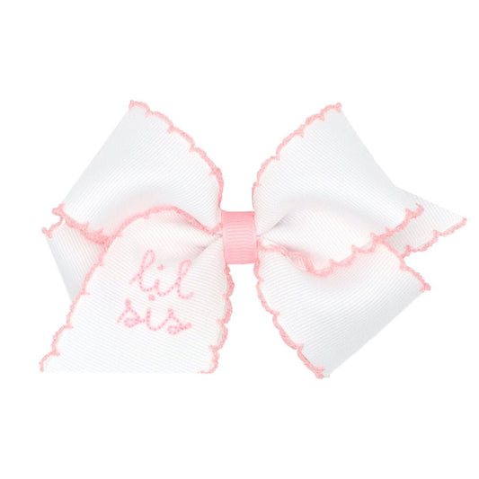 Wee Ones Girls Little Sister Bow - White with Pink Moonstitch - Embroidered Lil Sis