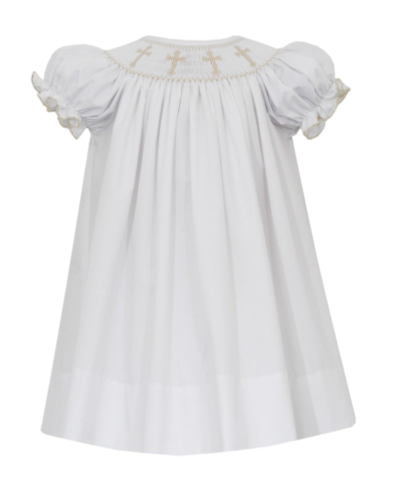 Petit Bebe Girls White Poplin Dress - Smocked Crosses - Bishop