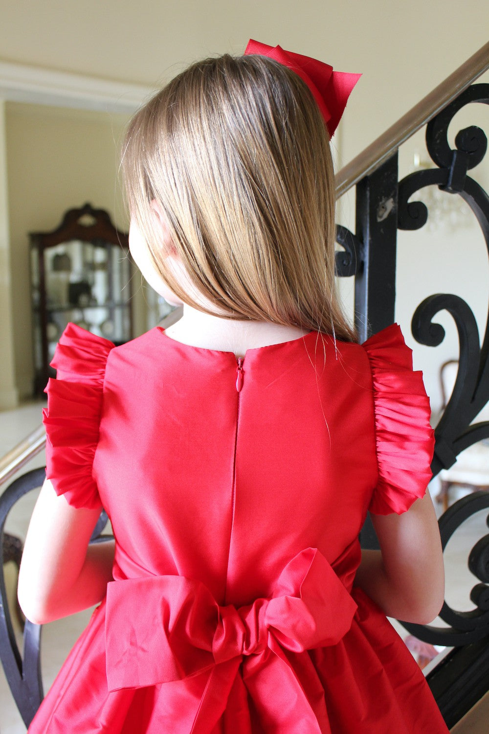 Susanne Lively Girls Christmas Holiday Party Dress - Flutter Sleeves & Sash - Red