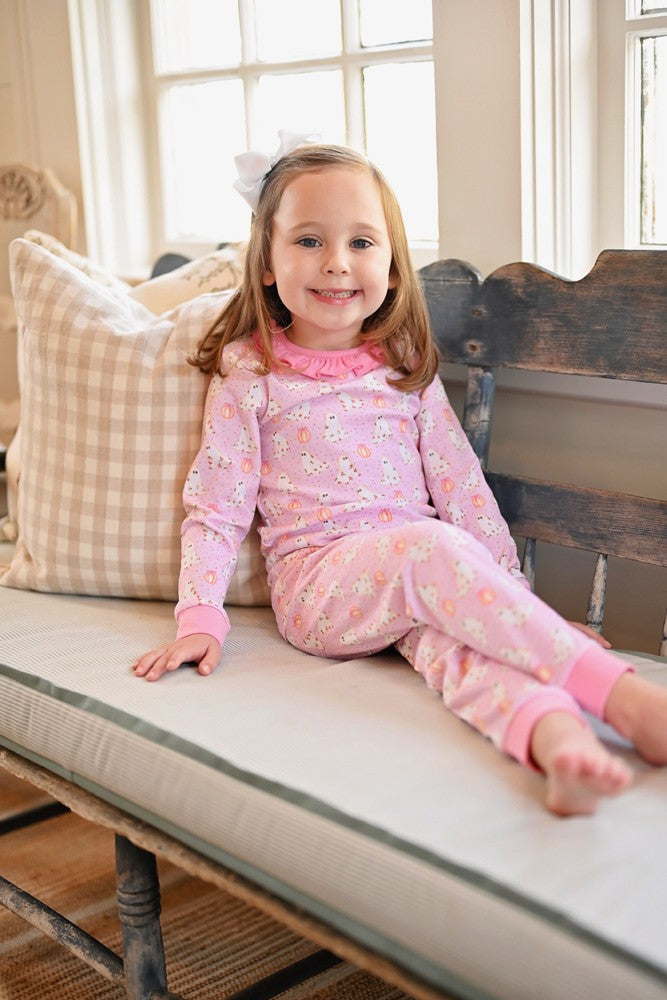 James & Lottie Girls Two Piece Pajamas Set - Pink Halloween Ghosts by James & Lottie