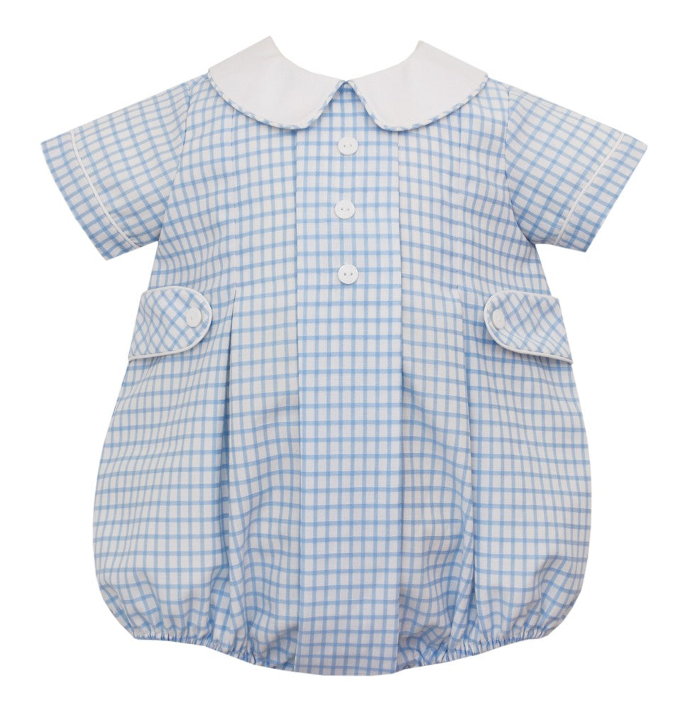 Claire & Charlie Baby Boys Light Blue Check Bubble - White Collar