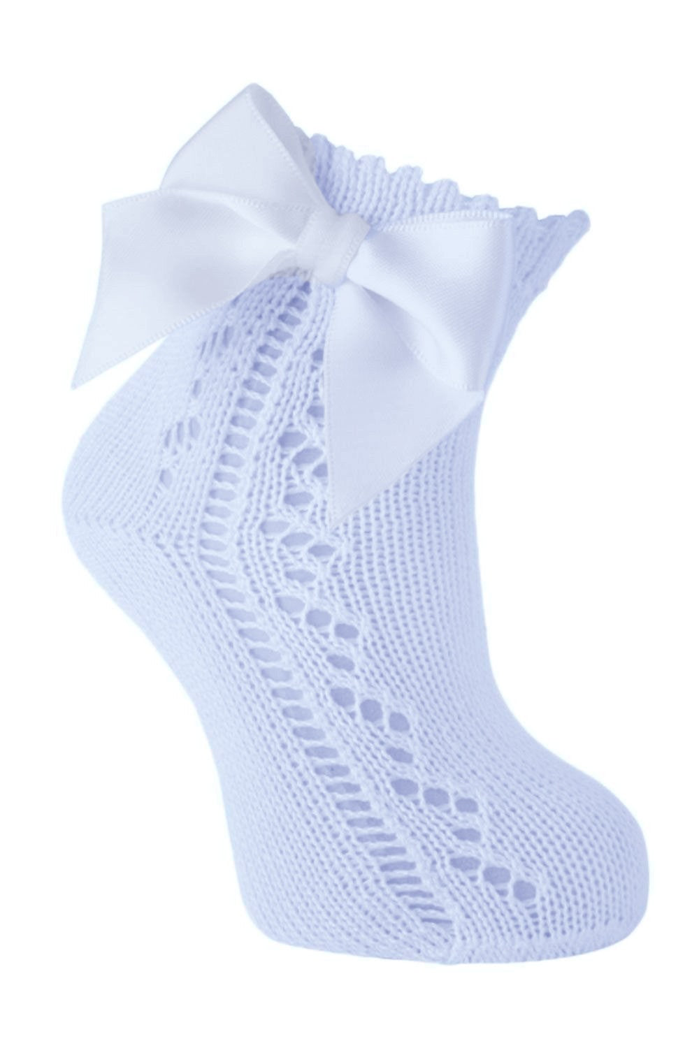 Carlomagno Socks - Girls Scottish Yarn Open Work Ankle Socks - Attached Bow - Sky Blue by Carlomagno