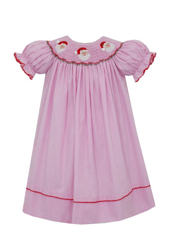 Anavini Velani Girls Pink Gingham Bishop Dress - Smocked Santa Faces