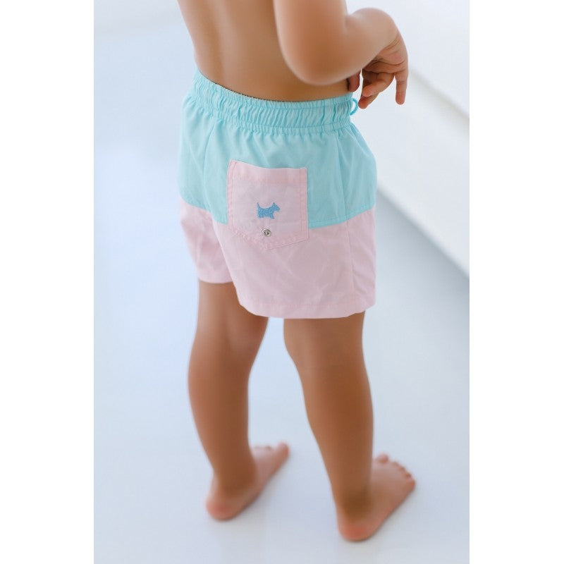 Sal & Pimenta Boys Swim Trunks - Color Block - Aqua Top & Pink Bottom by Sal & Pimenta