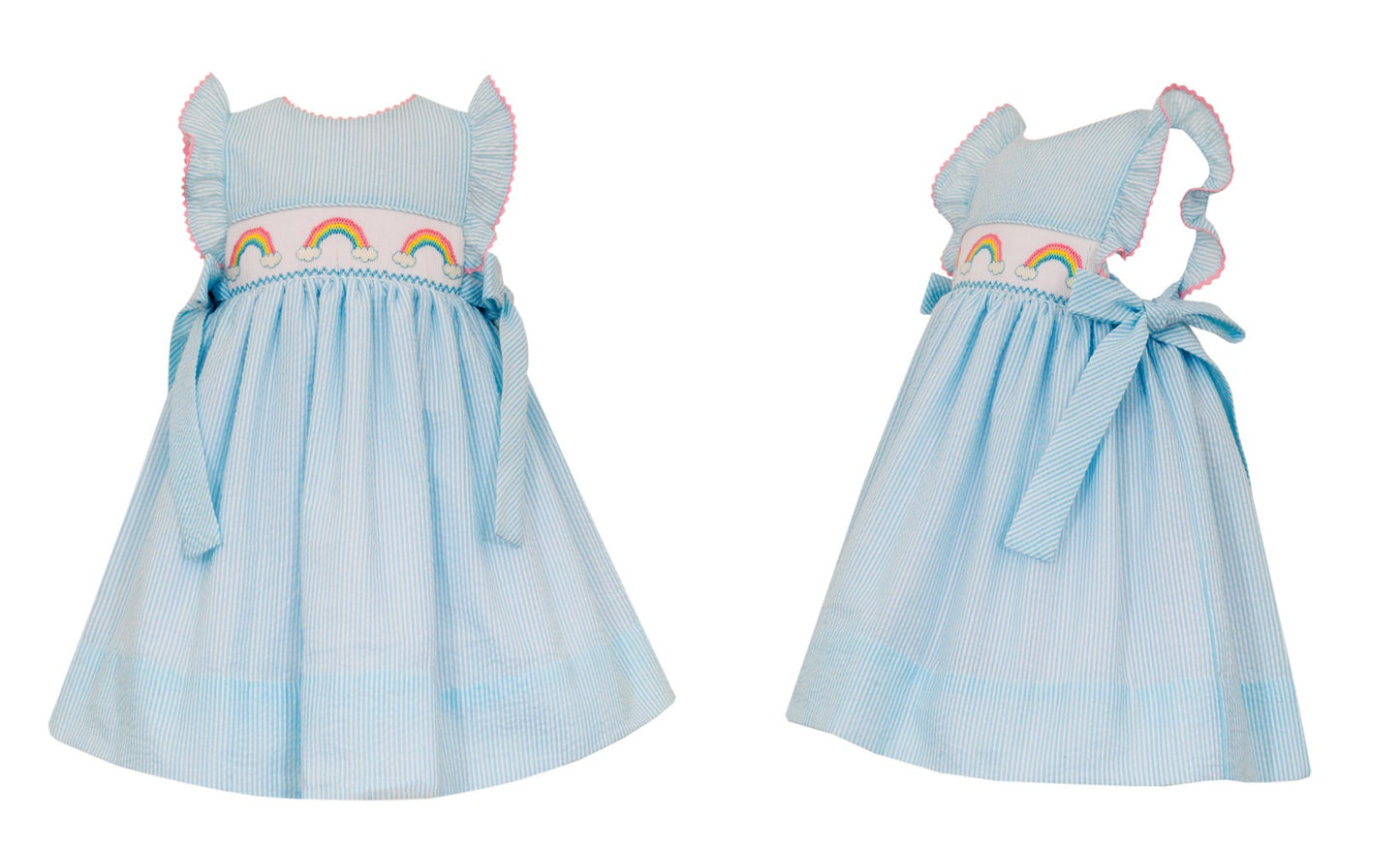 Anavini Girls Blue Striped Seersucker Dress - Smocked Rainbows - Side Bows