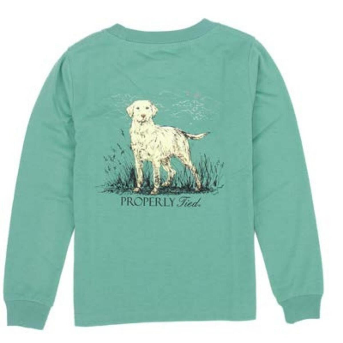 Properly Tied Tee Shirt - Logo Pocket - Long Sleeves - Back Graphic - Labrador Dog on Ivy Green by Properly Tied