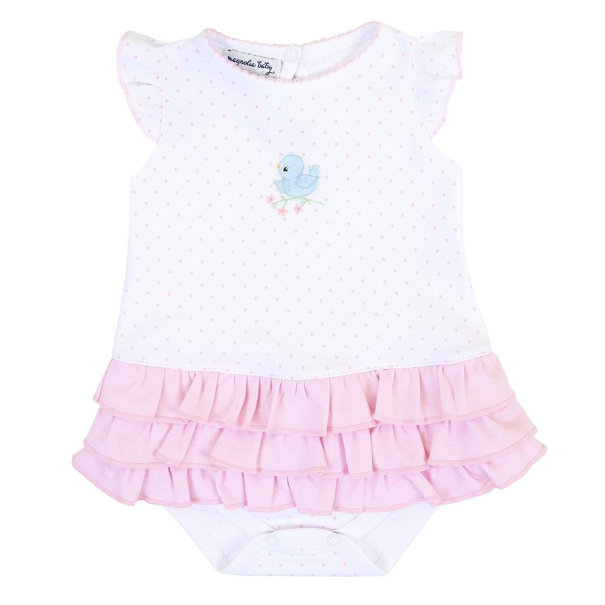 Magnolia Baby Girls Vintage Blue Bird Embroidered Ruffle Flutters Bubble