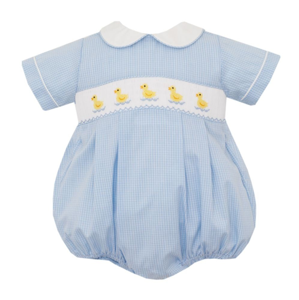 Petit Bebe Baby Boys Blue Check Smocked Ducks Bubble