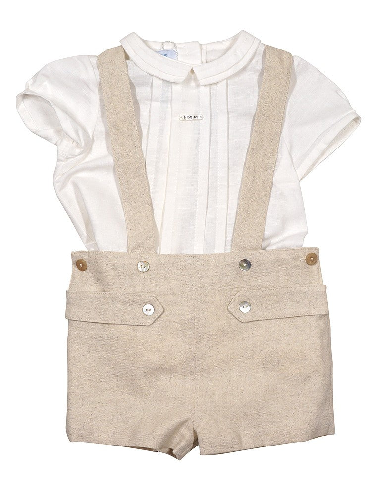 Foque from Spain Boys Tan Flax Linen Suspender Shorts Set with Shirt