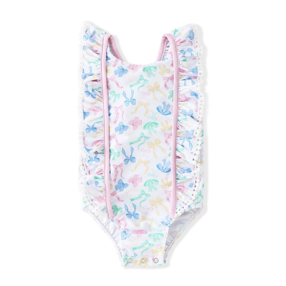 Swoon Baby Girls Pastel Bows Ruffle Swimsuit - Pink Bow on Back