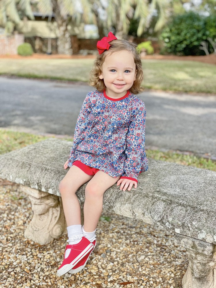 James & Lottie Girls Evie Bloomers Set - Blue Floral Top with Red Bloomers