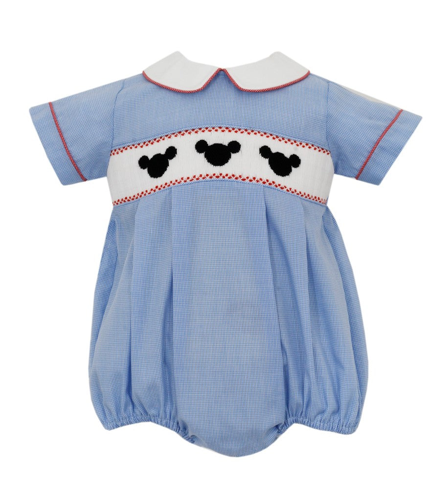 Petit Bebe Baby Boys Blue Check Bubble - Smocked Mouse Ears