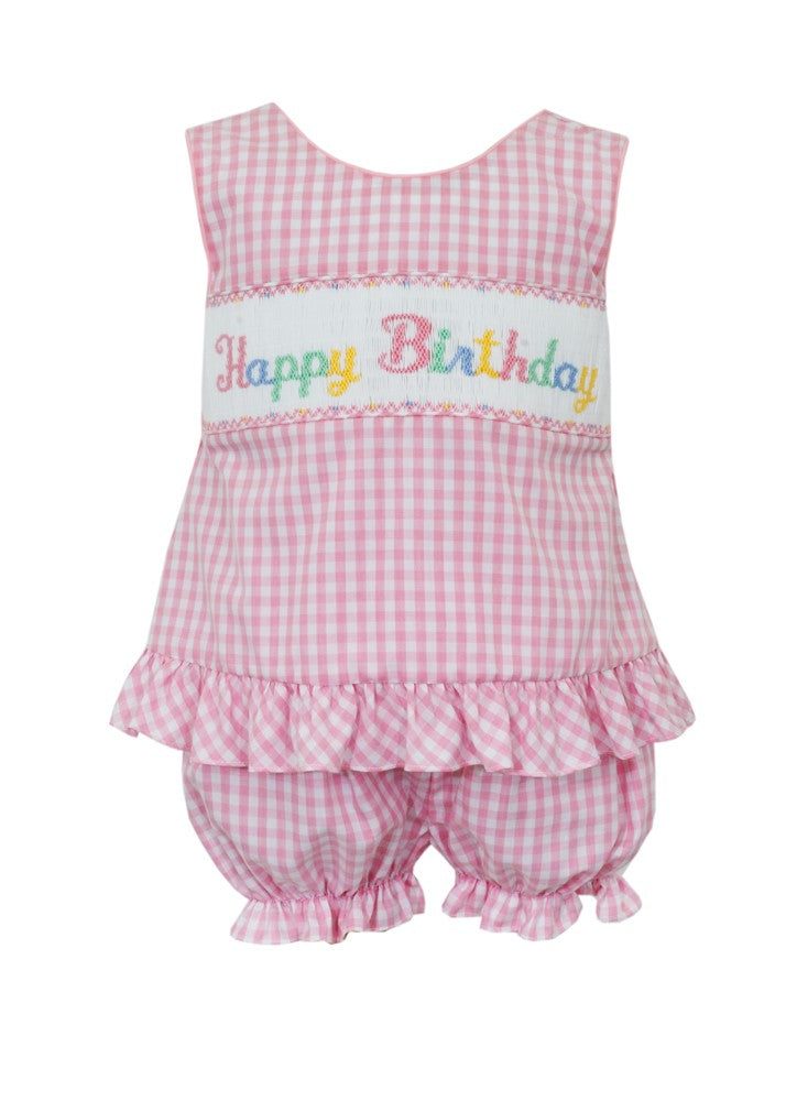Anavini Baby Girls Pink GIngham Smocked Happy Birthday Bloomers Set