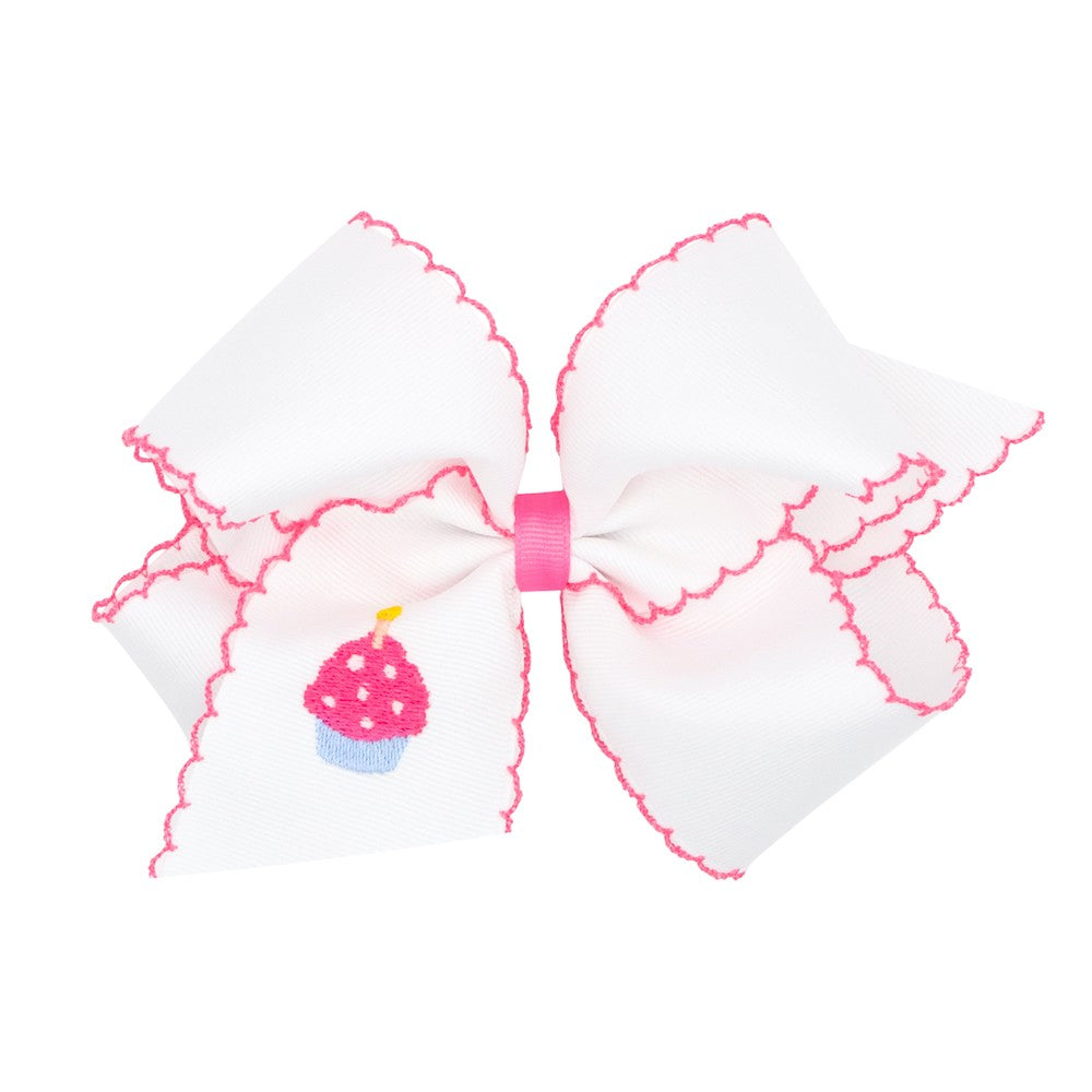 Wee Ones Girls Hair Bow on Clip - Pink Moonstitch on White Bow - Birthday Cupcake
