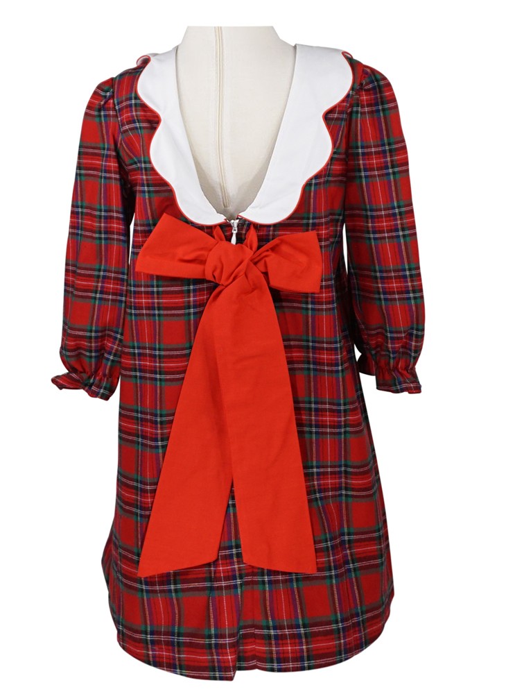 Anavini Couture Girls Red Holiday Plaid Dress - Scallop Collar - Sash - V-Back with Big Red Bow