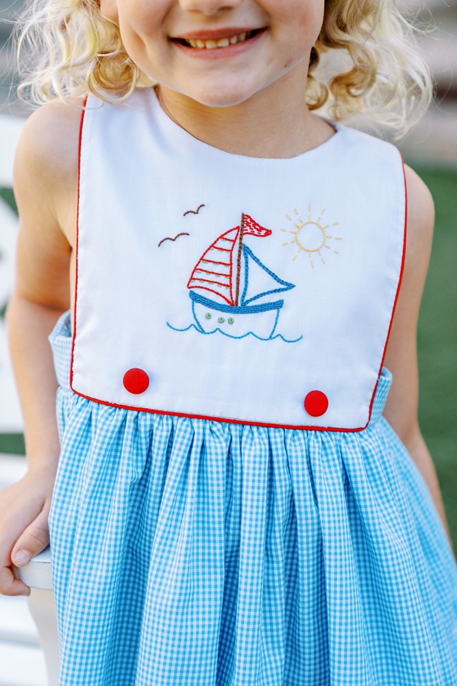 Proper Peony Girls Sun Dress - Blue Vineyard Sailboat