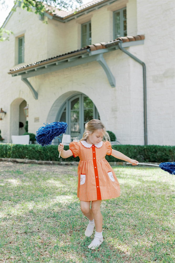 Proper Peony Girls Gingham Football Game Day Dress - Orange