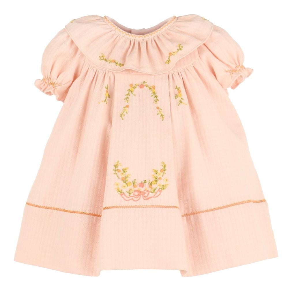 Sophie & Lucas Girls Pumpkin Embroidery Ruffle Dress - Peach