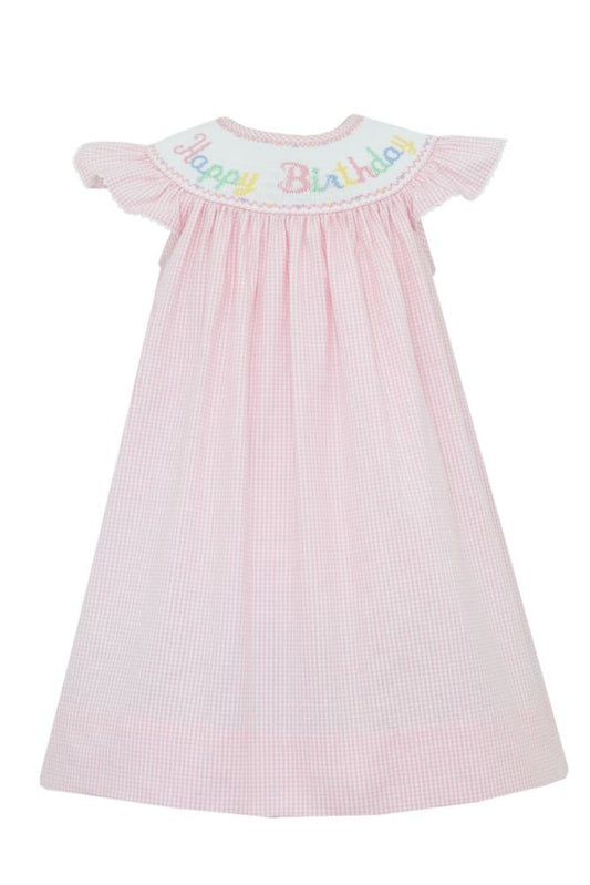 Anavini Baby Girls Pink Gingham Seersucker Smocked Happy Birthday Dress