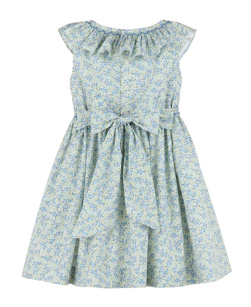Luli & Me Girls Tiny Floral Smocked Dress with Ruffle Neck - Blue