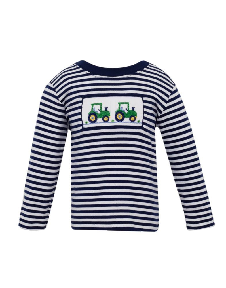 Anavini Velani Boys Navy Blue Striped Shirt - Smocked Green Tractors