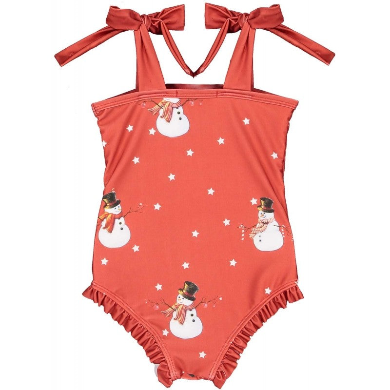 Sal & Pimenta Girls Swimsuit - Ties at Top - Red Snowman
