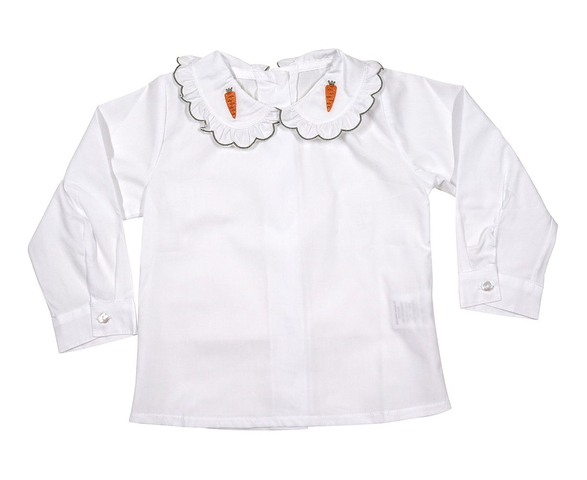 Sal & Pimenta Girls White Blouse - Easter Carrots Embroidered on Ruffle Collar by Sal & Pimenta
