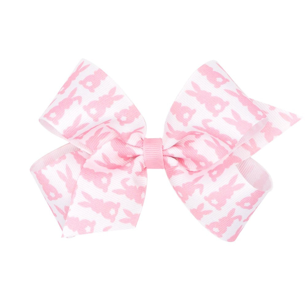 Wee Ones Girls Hair Bow - White with Light Pink Easter Bunny Print