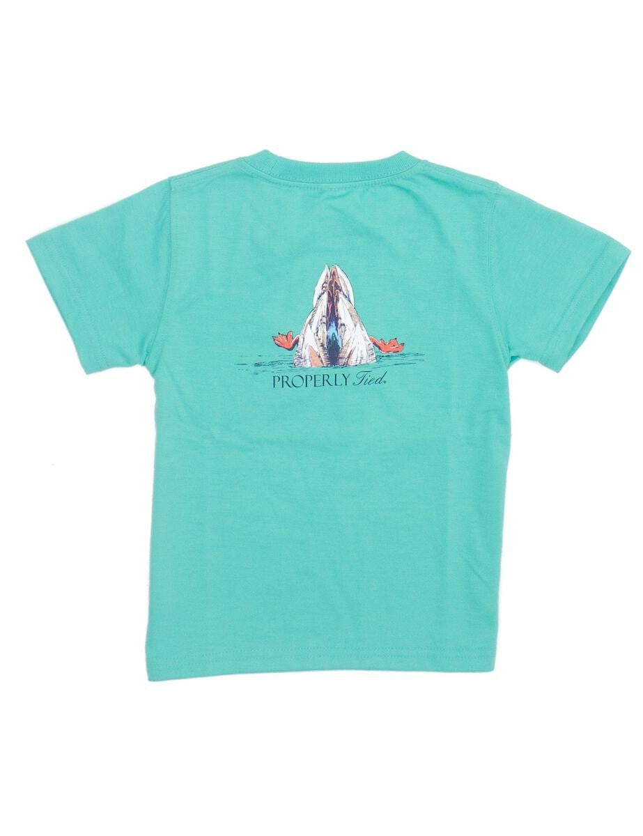Properly Tied T-Shirt - Logo Pocket - Back Graphic - Diving Mallard Duck on Soft Green - Short Sleeves by Properly Tied