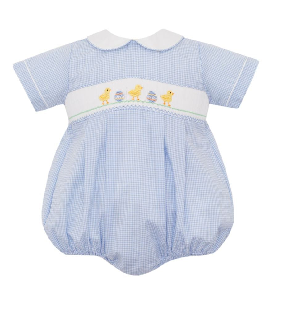 Petit Bebe Baby Boys Blue Gingham Smocked Easter Eggs & Chicks Bubble